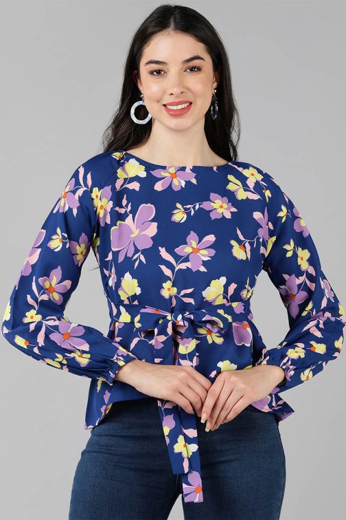 Navy Blue Georgette Floral Print Top