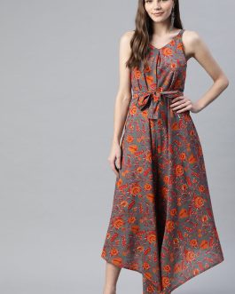 Cotton Sleeveless Jumpsuit in Grey and Orange with Belt