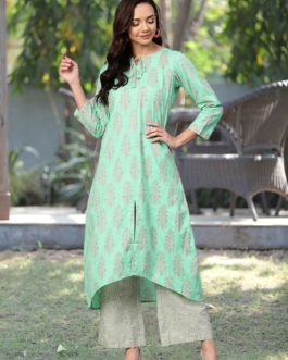Sea Green Pure Cotton Ethnic Motifs Kurta Set
