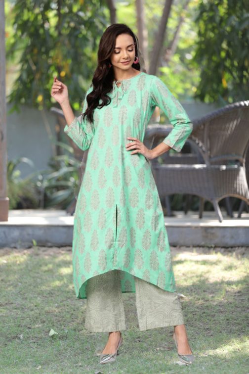 Sea Green Pure Cotton Ethnic Motifs Kurta Set