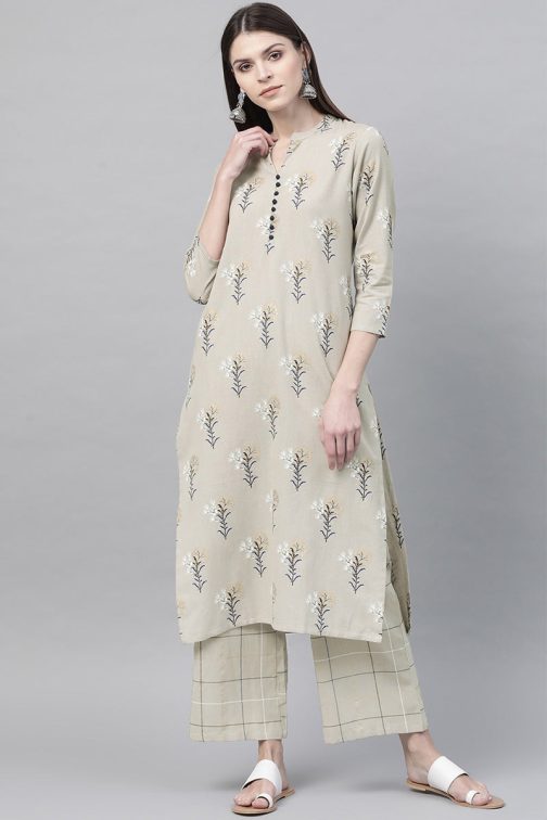 Beige Cotton Floral Printed Kurta Set