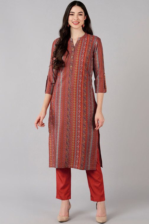 Red Poly Crepe Geometric Printed Straight Kurta Set