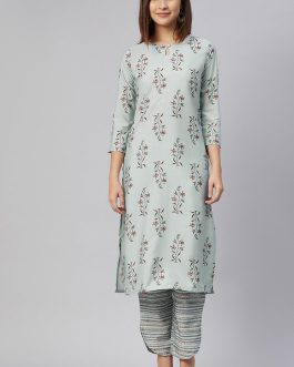 Grey Polyester Floral Printed Straight Kurta Set