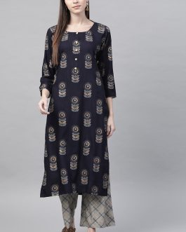 Navy Blue Pure Cotton Ethnic Motifs Kurta Set