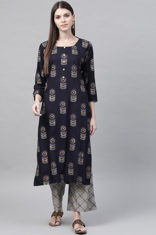 Navy Blue Pure Cotton Ethnic Motifs Kurta Set