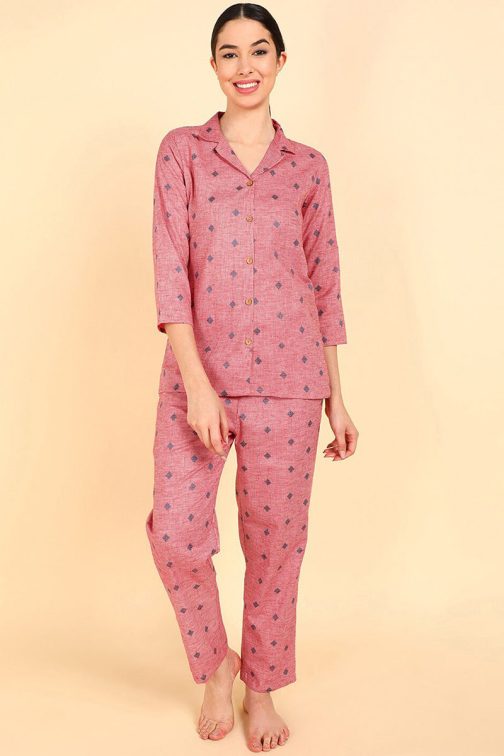 Pink Cotton Geometric Print Pyjama Set with Long Sleeves