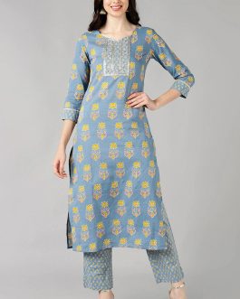 Grey Pure Cotton Straight Kurta With Pant Set
