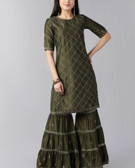Green Polyester Straight Geometric Pattern Kurta Set