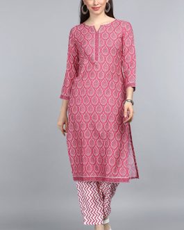 Pink Polyester Straight Side Slits Kurta Set