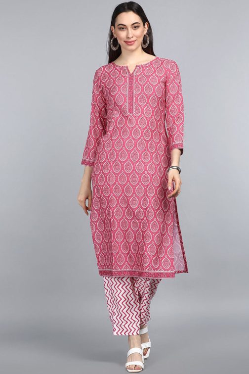 Pink Polyester Straight Side Slits Kurta Set