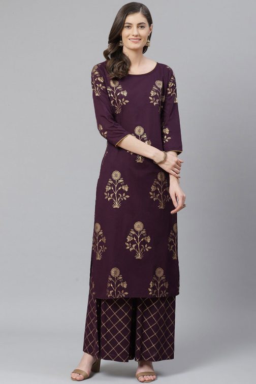 Purple Crepe Foil Floral Printed Straight Kurta Set