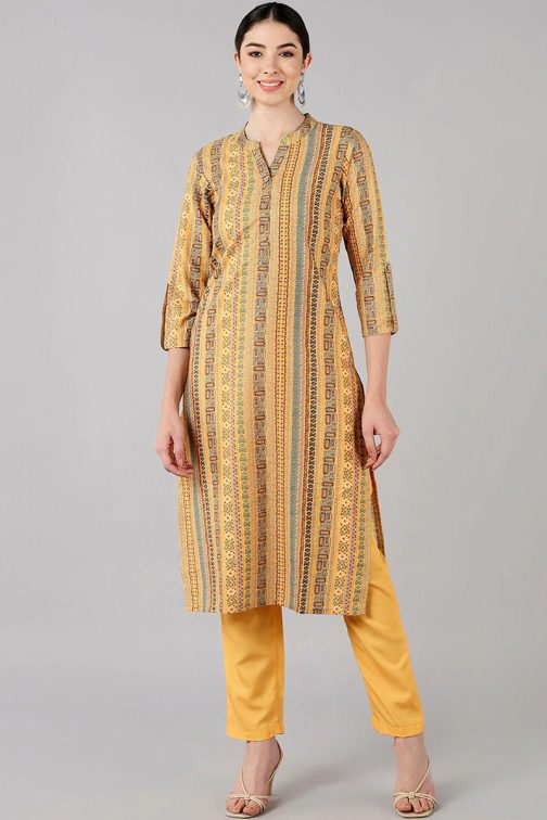 Yellow Poly Crepe Straight Geometric Kurta Set