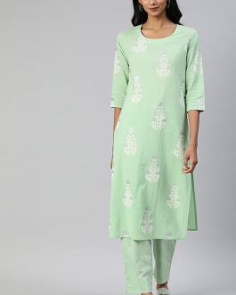 Sea Green Cotton Ethnic Motifs Kurta Set