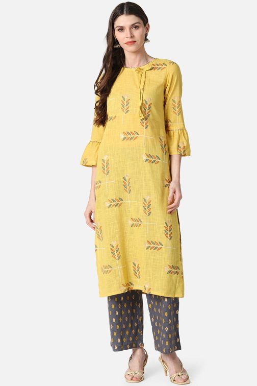 Yellow Cotton Ethnic Motifs Kurta Set