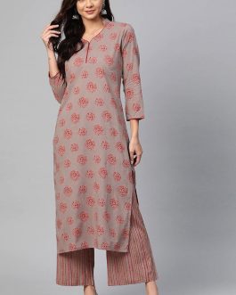 Taupe Cotton Ethnic Motifs Kurta Set