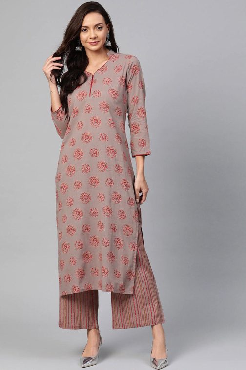 Taupe Cotton Ethnic Motifs Kurta Set