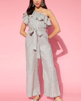 Ruffled Off White Striped Jumpsuit for Women