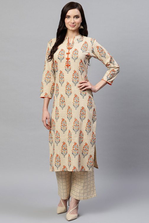 Beige Cotton Ethnic Motifs Kurta Set