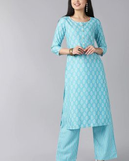 Sea Blue Polyester Ethnic Motifs Printed Kurta Set