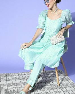 Sky Blue Poly Chanderi Square Neck Kurta Set
