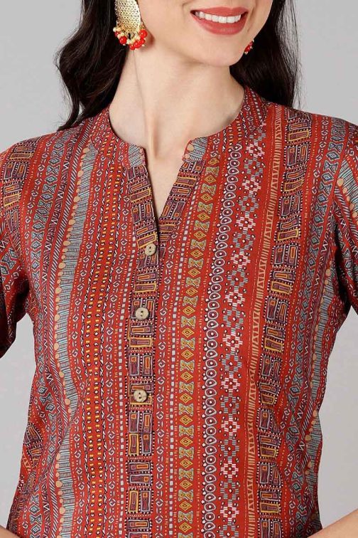 Red Poly Crepe Geometric Printed Straight Kurta Set - Image 3