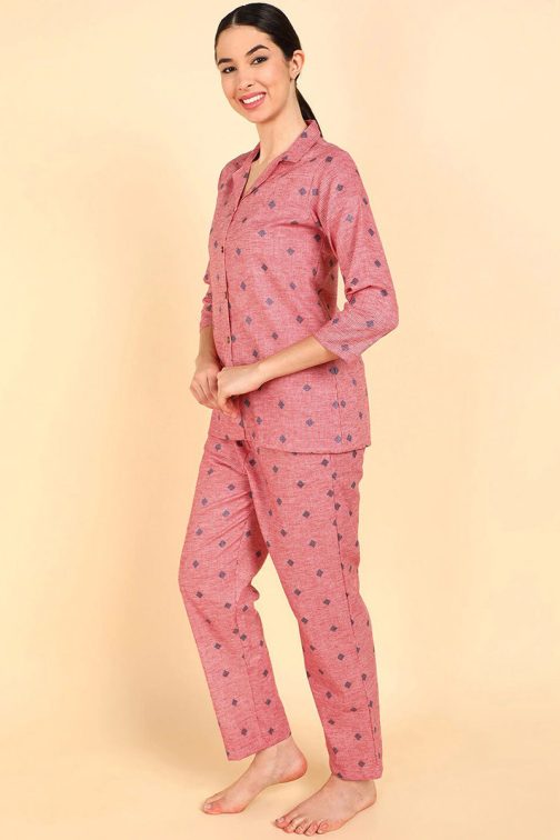 Pink Cotton Geometric Print Pyjama Set with Long Sleeves - Image 2