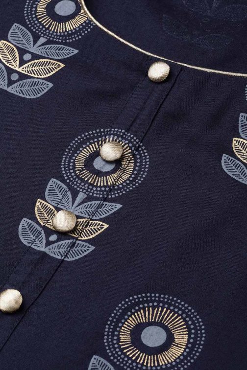 Navy Blue Pure Cotton Ethnic Motifs Kurta Set - Image 3