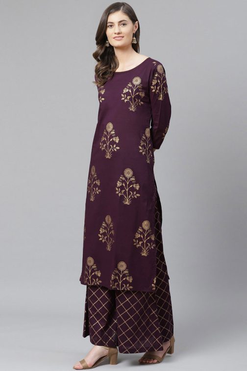 Purple Crepe Foil Floral Printed Straight Kurta Set - Image 2