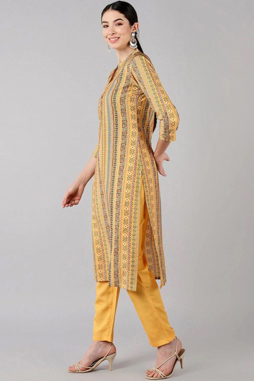Yellow Poly Crepe Straight Geometric Kurta Set - Image 2