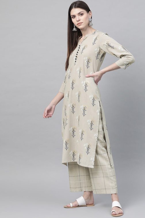Beige Cotton Floral Printed Kurta Set - Image 2