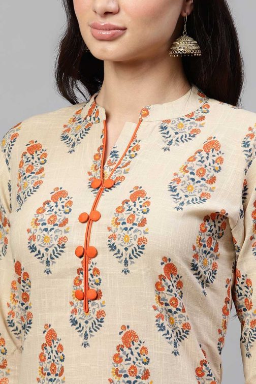 Beige Cotton Ethnic Motifs Kurta Set - Image 3