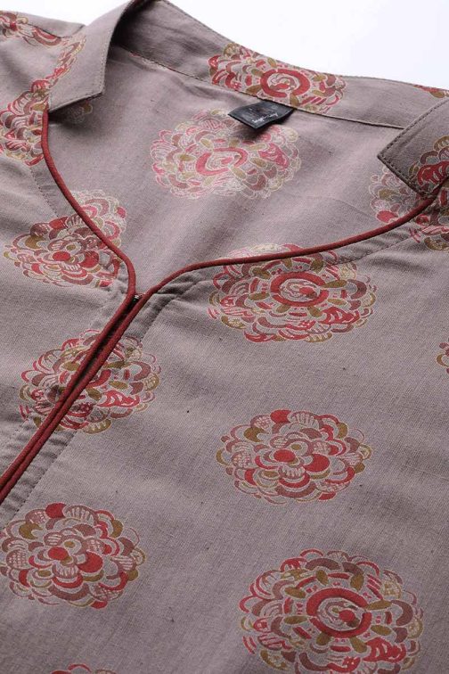Taupe Cotton Ethnic Motifs Kurta Set - Image 3