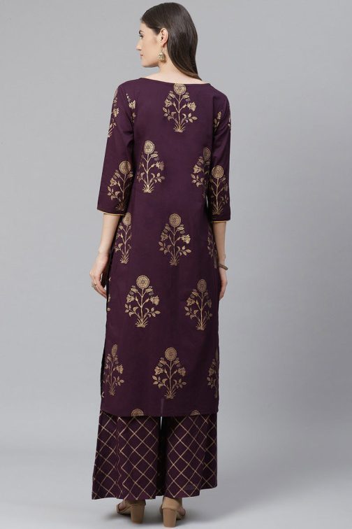 Purple Crepe Foil Floral Printed Straight Kurta Set - Image 3