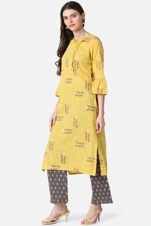 Yellow Cotton Ethnic Motifs Kurta Set - Image 2