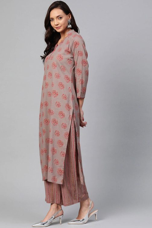 Taupe Cotton Ethnic Motifs Kurta Set - Image 2
