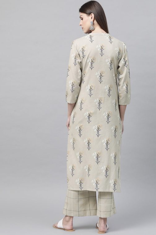 Beige Cotton Floral Printed Kurta Set - Image 3