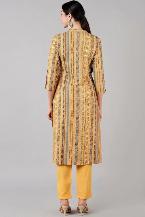 Yellow Poly Crepe Straight Geometric Kurta Set - Image 3