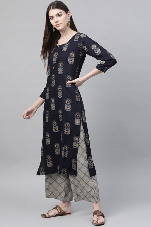 Navy Blue Pure Cotton Ethnic Motifs Kurta Set - Image 2