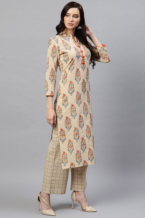 Beige Cotton Ethnic Motifs Kurta Set - Image 2