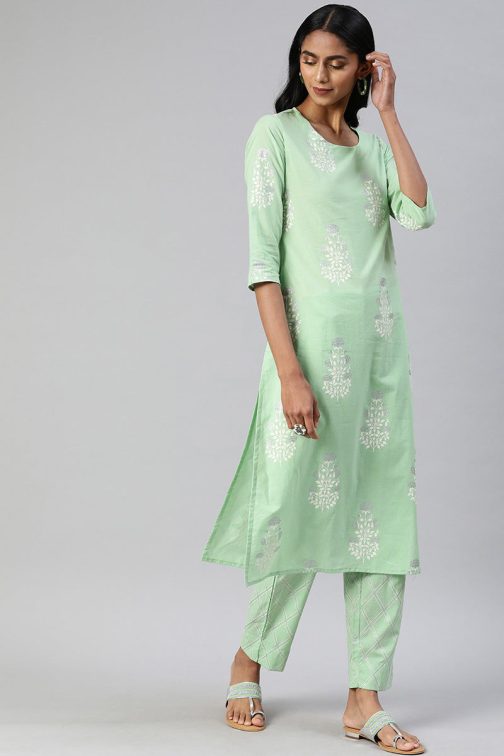 Sea Green Cotton Ethnic Motifs Kurta Set - Image 2
