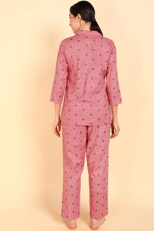 Pink Cotton Geometric Print Pyjama Set with Long Sleeves - Image 3