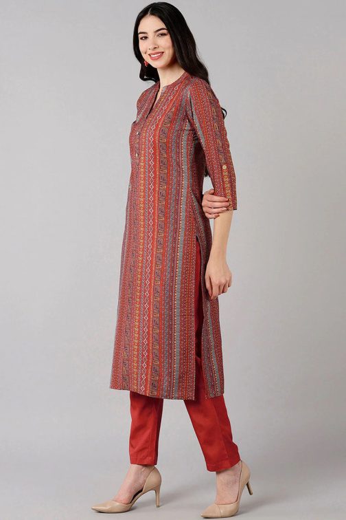 Red Poly Crepe Geometric Printed Straight Kurta Set - Image 2