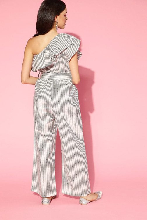 Ruffled Off White Striped Jumpsuit for Women - Image 3