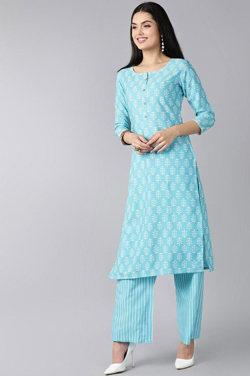 Sea Blue Polyester Ethnic Motifs Printed Kurta Set - Image 2