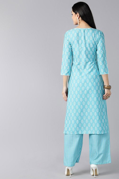 Sea Blue Polyester Ethnic Motifs Printed Kurta Set - Image 4