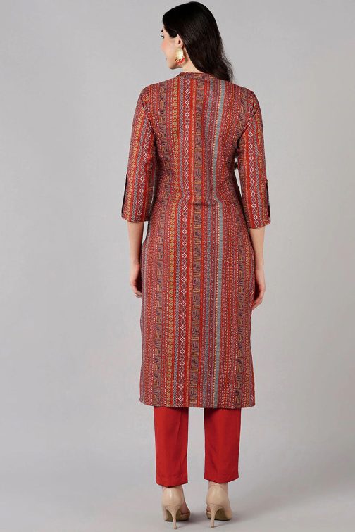 Red Poly Crepe Geometric Printed Straight Kurta Set - Image 4