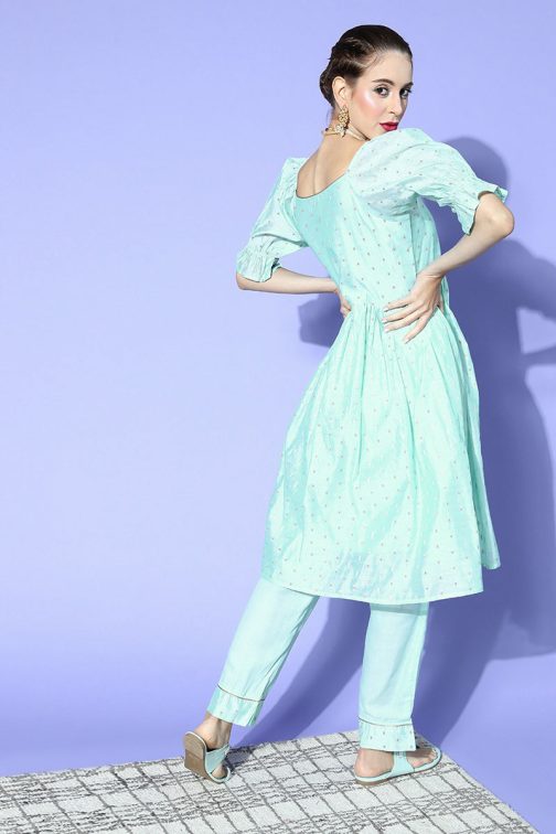 Sky Blue Poly Chanderi Square Neck Kurta Set - Image 4