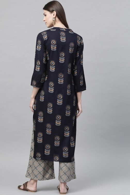 Navy Blue Pure Cotton Ethnic Motifs Kurta Set - Image 4