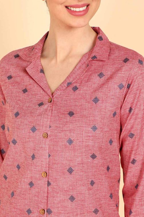 Pink Cotton Geometric Print Pyjama Set with Long Sleeves - Image 4