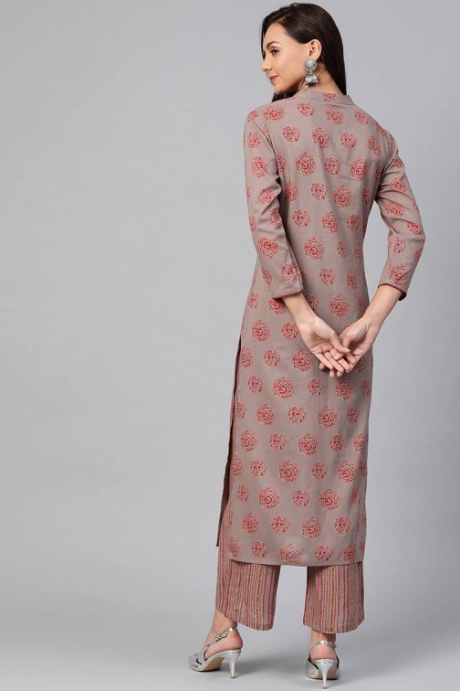 Taupe Cotton Ethnic Motifs Kurta Set - Image 4